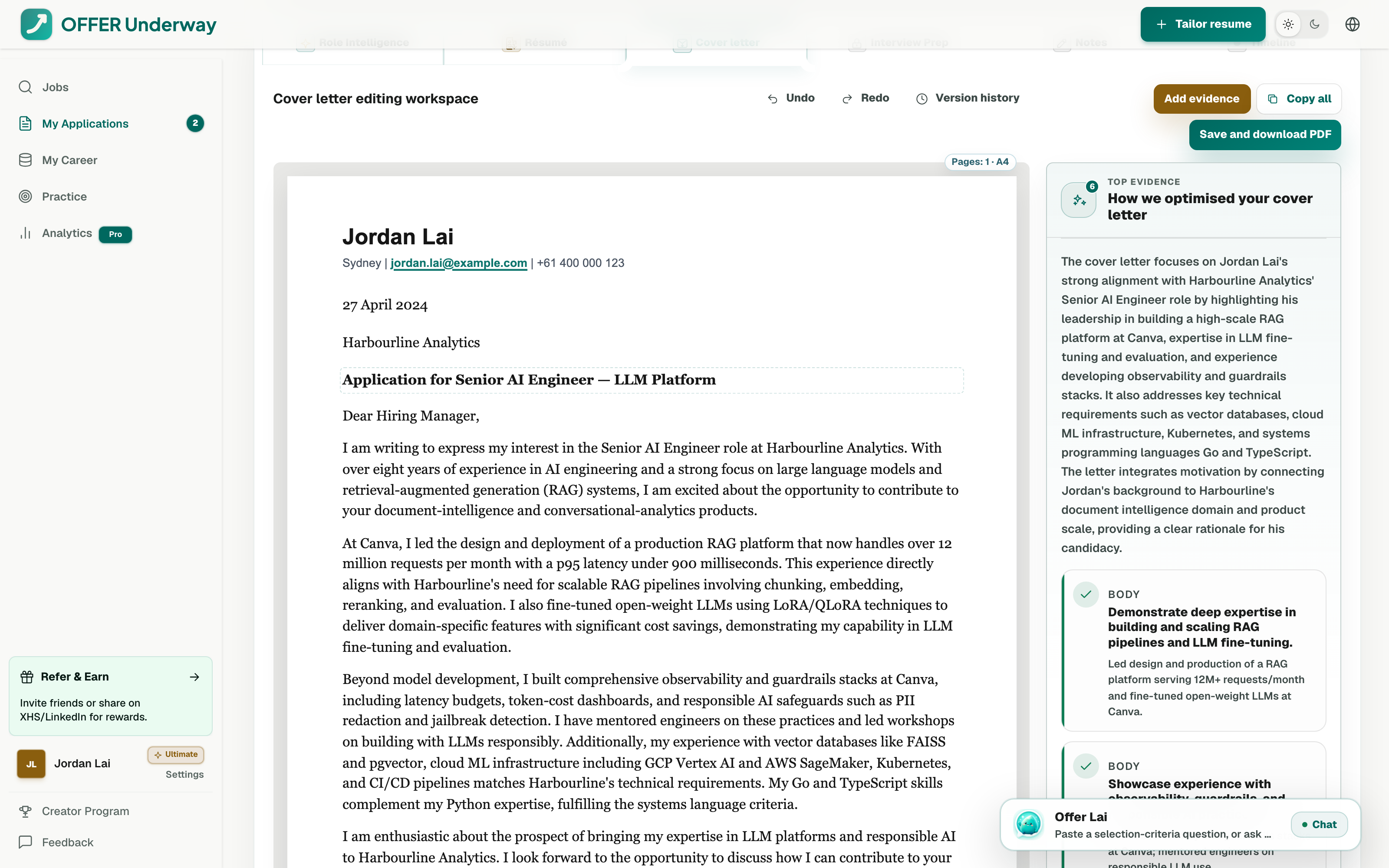 Offer Lai drafting a role-specific cover letter in Offer Underway