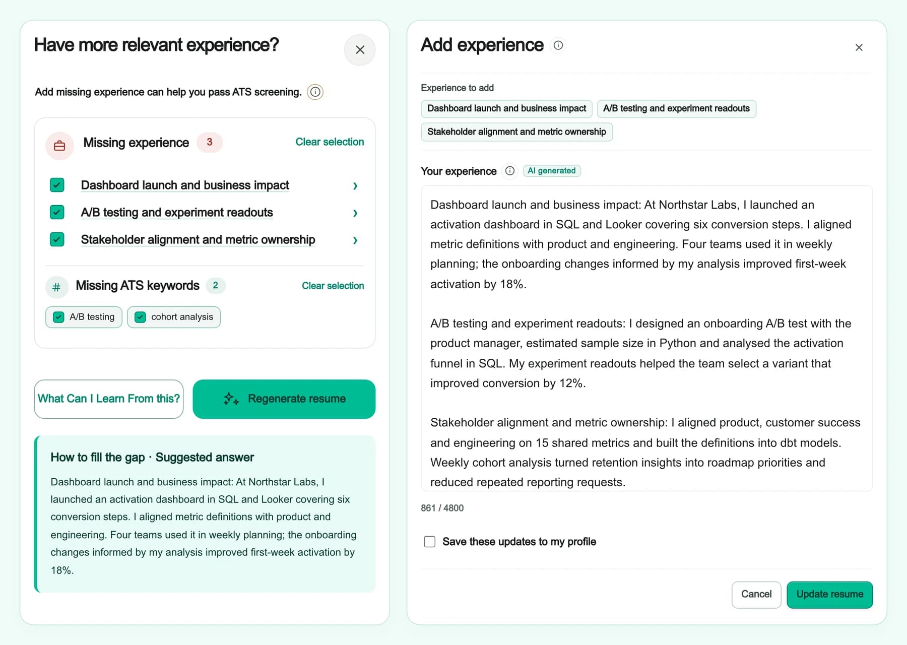 Experience picker with missing experience, ATS keywords and suggested answers