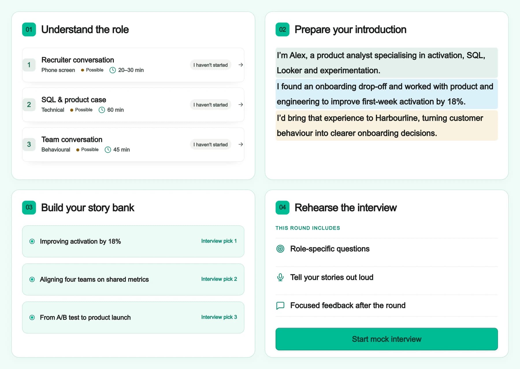 Interview preparation showing role direction, an introduction, a story bank and a mock interview
