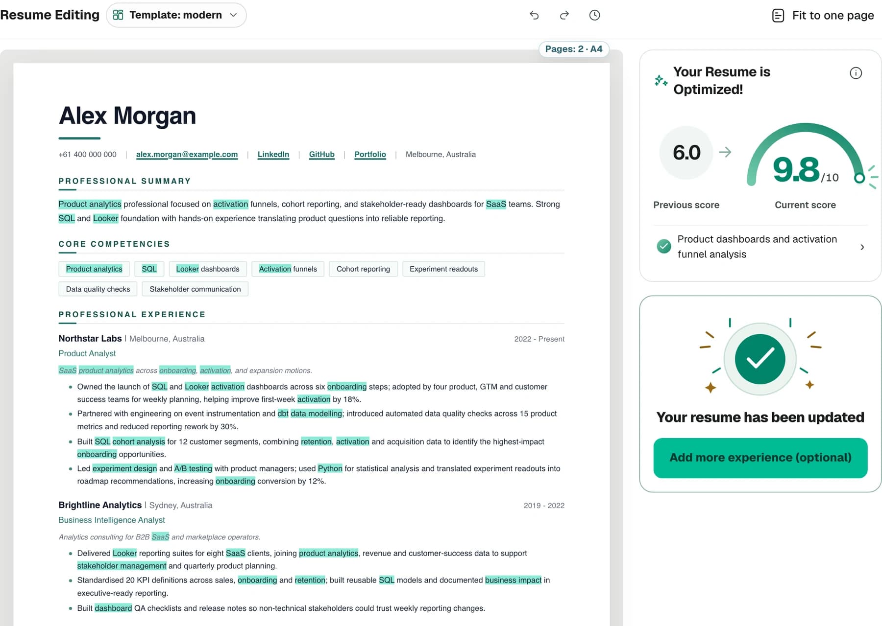 Resume editor with detailed experience, highlighted keywords and a match score improving from 6 to 9.8