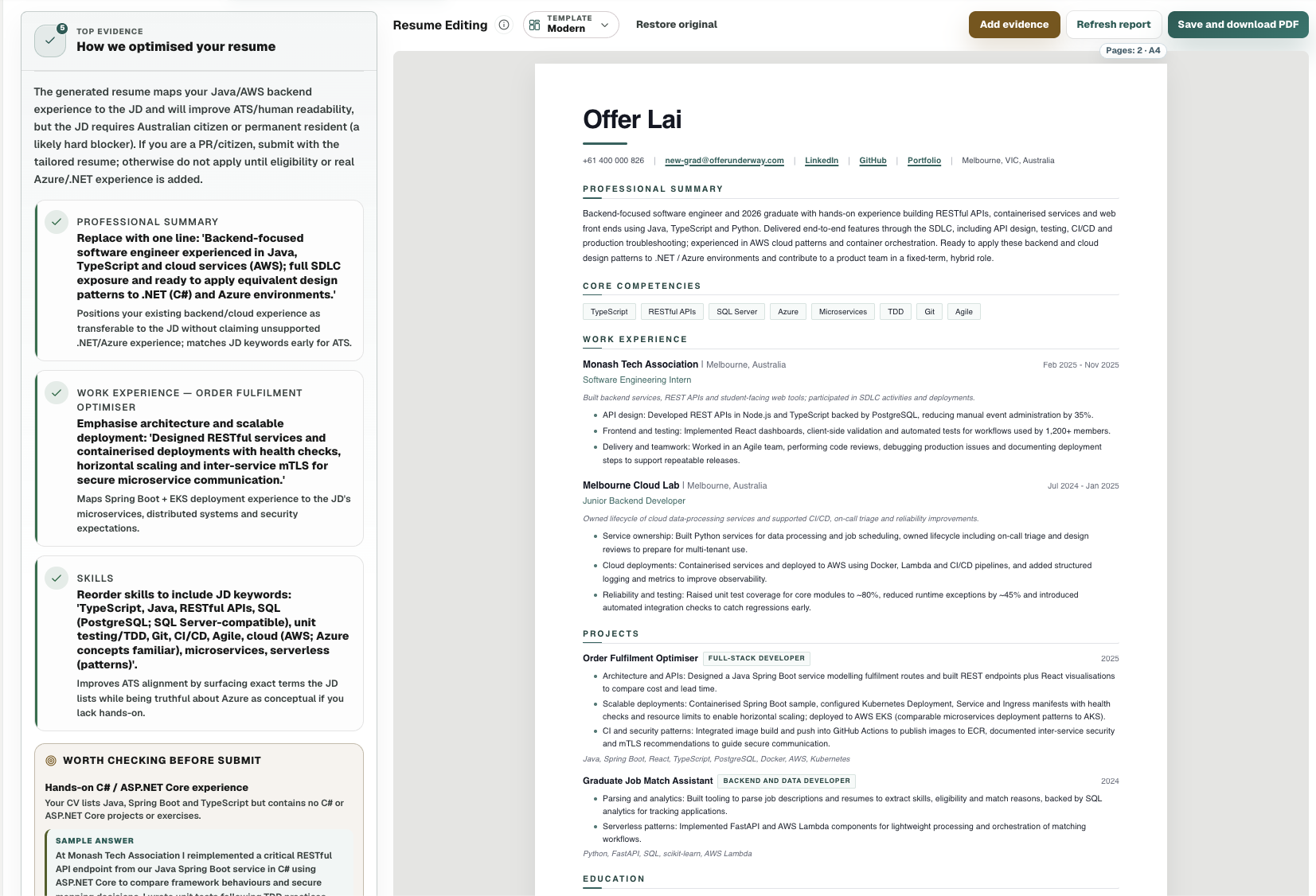 Offer Underway resume editor showing a complete tailored résumé