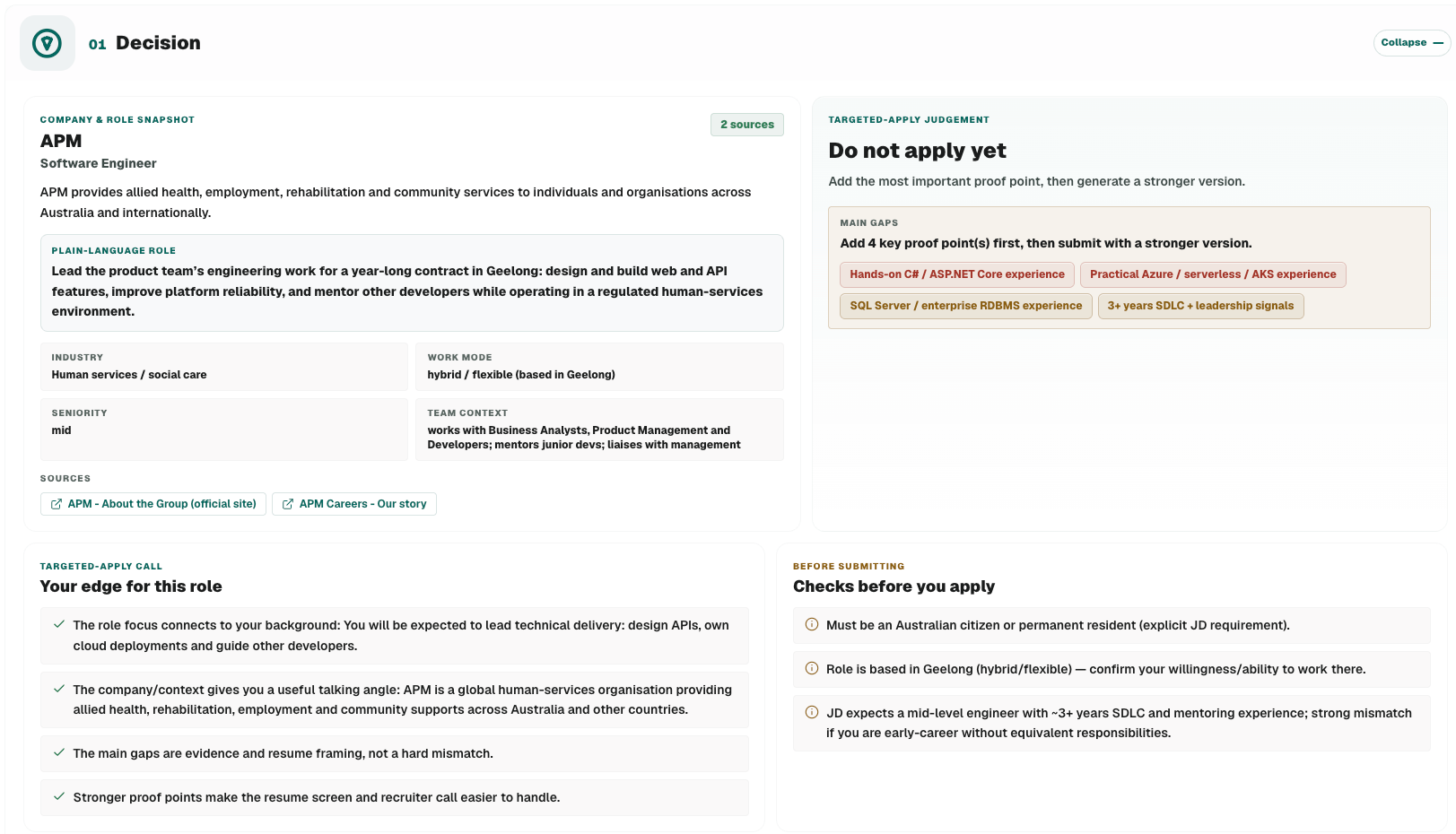 Offer Underway job intelligence decision view