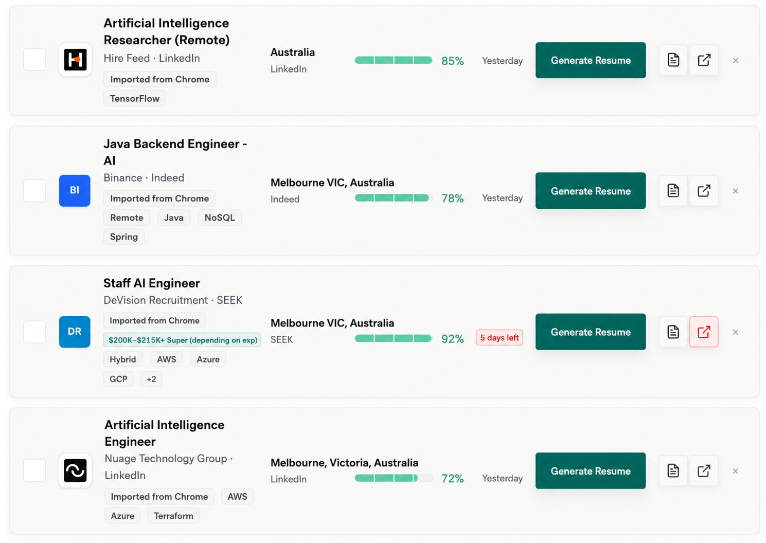Job matching preview with role-specific fit scores