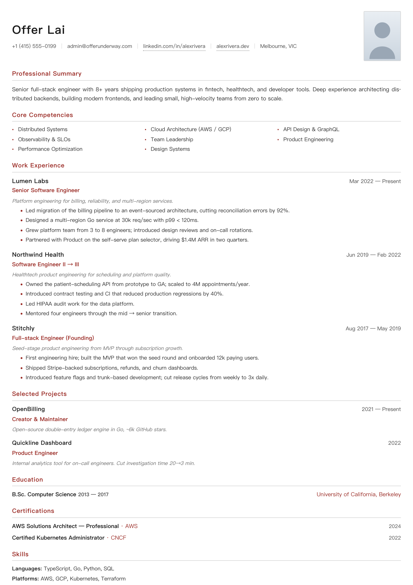 Photo-capable Offer Underway resume template