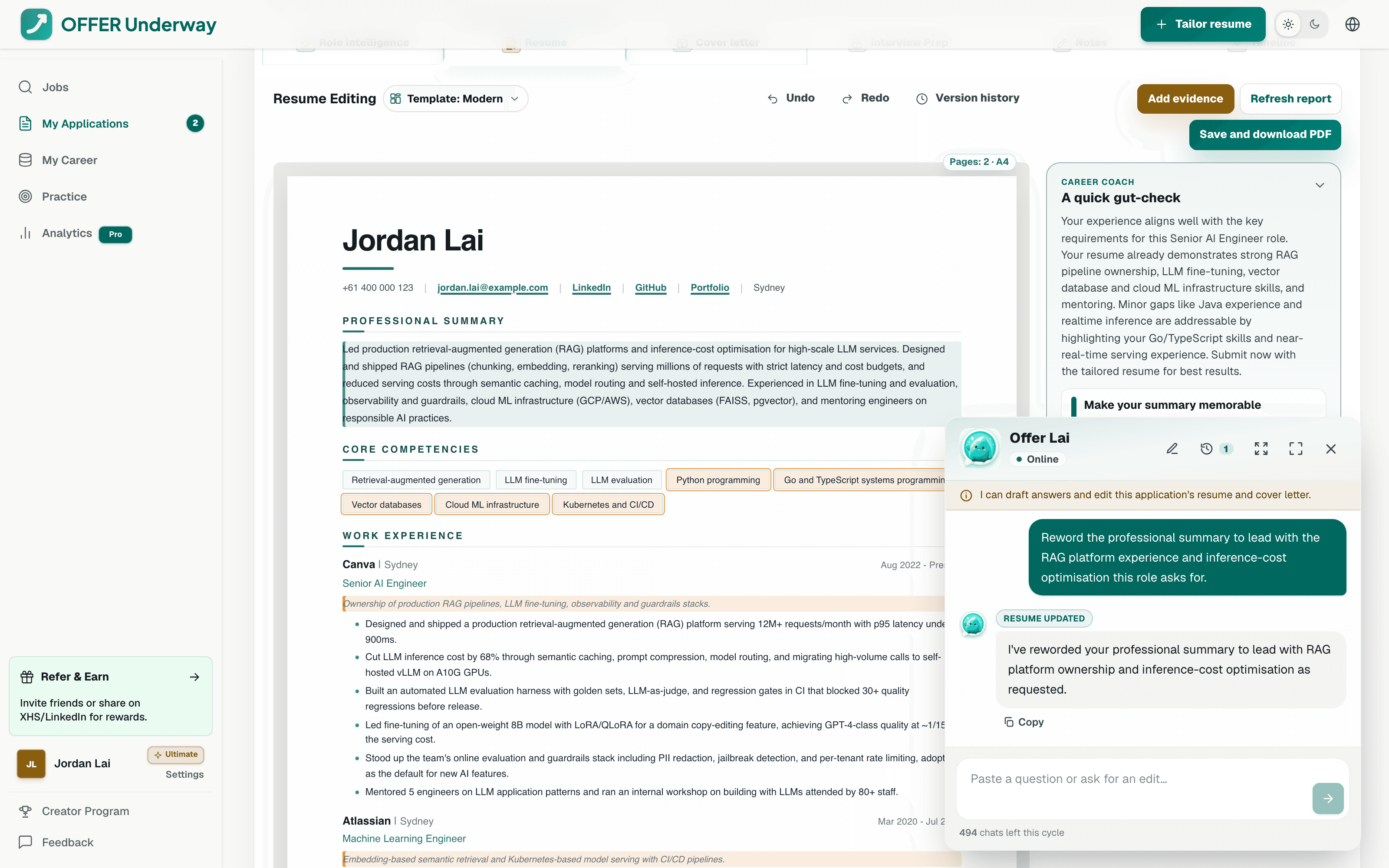 Offer Underway resume workspace with the Offer Lai chat tailoring a resume and highlighting every change