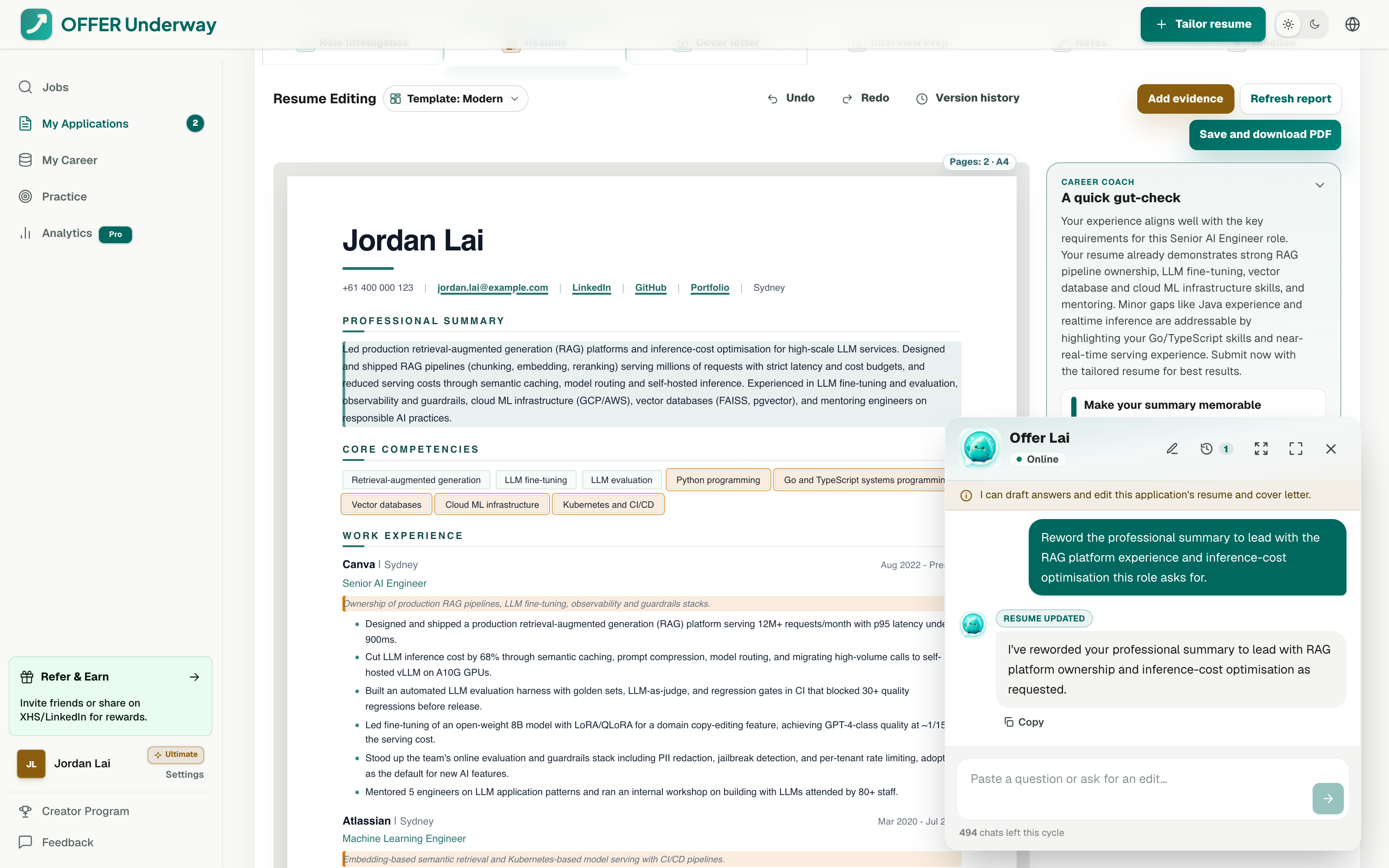 Offer Lai chat tailoring a resume in the Offer Underway editor with every change highlighted