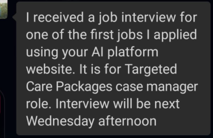 English chat screenshot about receiving an interview for a Targeted Care Packages case manager role after applying with OfferUnderway